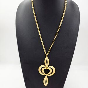 Vintage Designer Style 1970s Matte Gold Tone Large Abstract Pendant Necklace 24"
